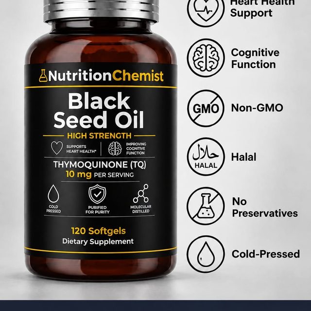 Product icons — heart health, cognitive function, non-GMO, halal, no preservatives, cold pressed