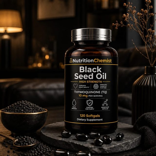 Black Seed Oil bottle styled with black seeds on slate