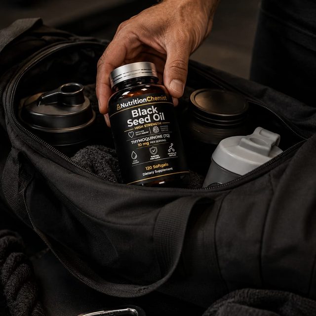 Black Seed Oil packed in a gym bag alongside a shaker