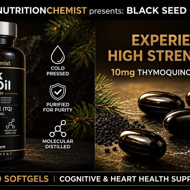 High strength — 10mg thymoquinone per serving, softgels on slate
