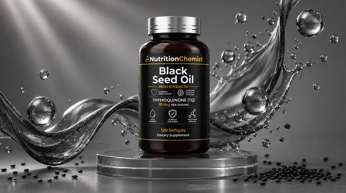 Black Seed Oil High Strength bottle on a glass podium amid a flowing liquid-silver swirl, glass orbs and scattered black seeds